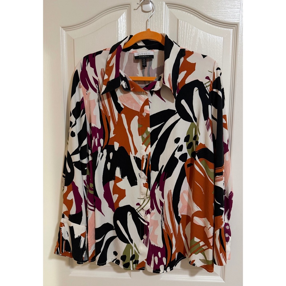 Eloquii Elements Abstract Leopard Print Button Down Shirt  Plus Women's 16